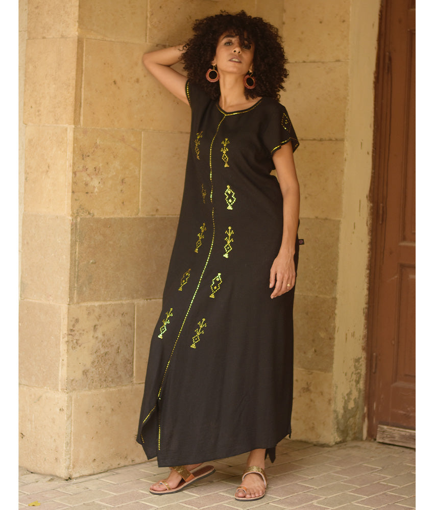 Black Linen Dress with Gold Tally Embroideries