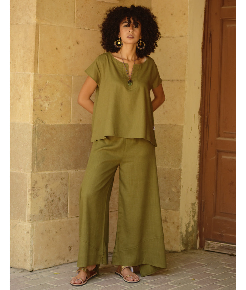 Olive green Linen Relaxed Top handmade in Egypt & available at Jozee boutique