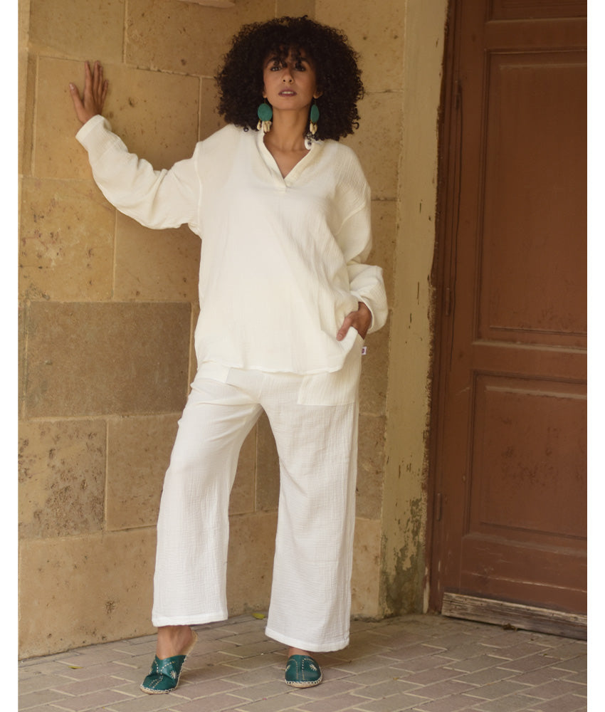 White Cotton Textured Oversized Top handmade in Egypt & available at Jozee boutique
