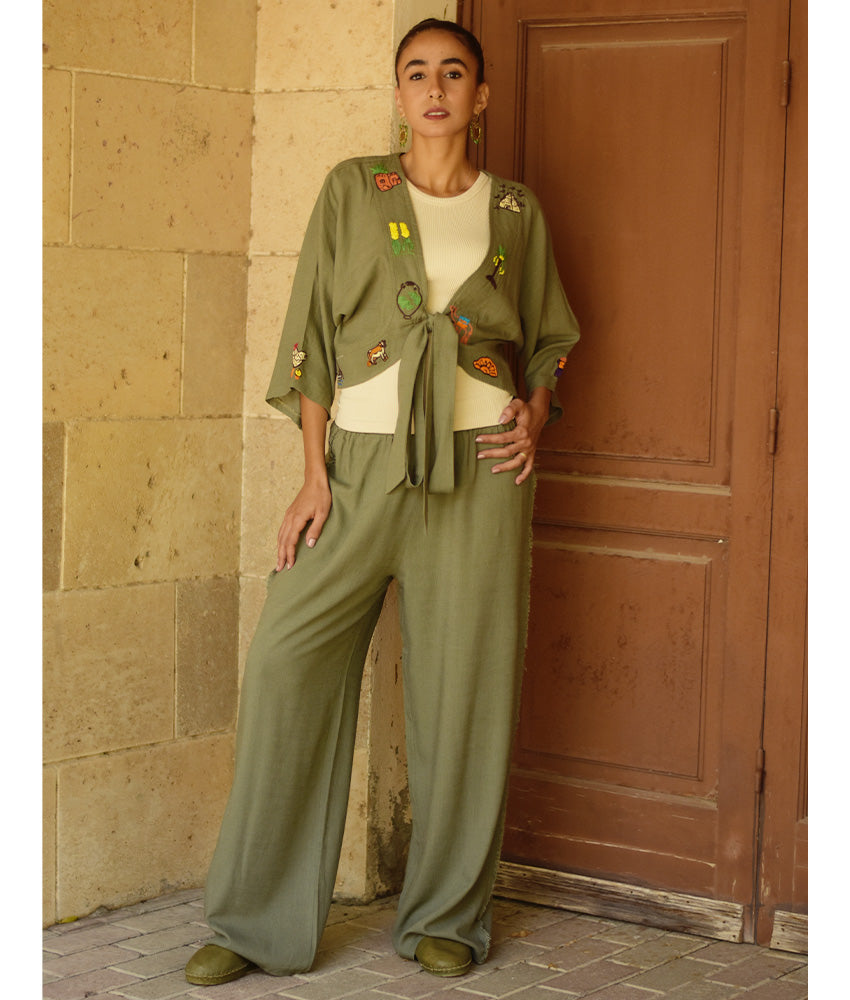 Olive Embroidered Linen Cotton Mix Bolero/Top & Pants Set handmade in Egypt & available in Jozee boutique