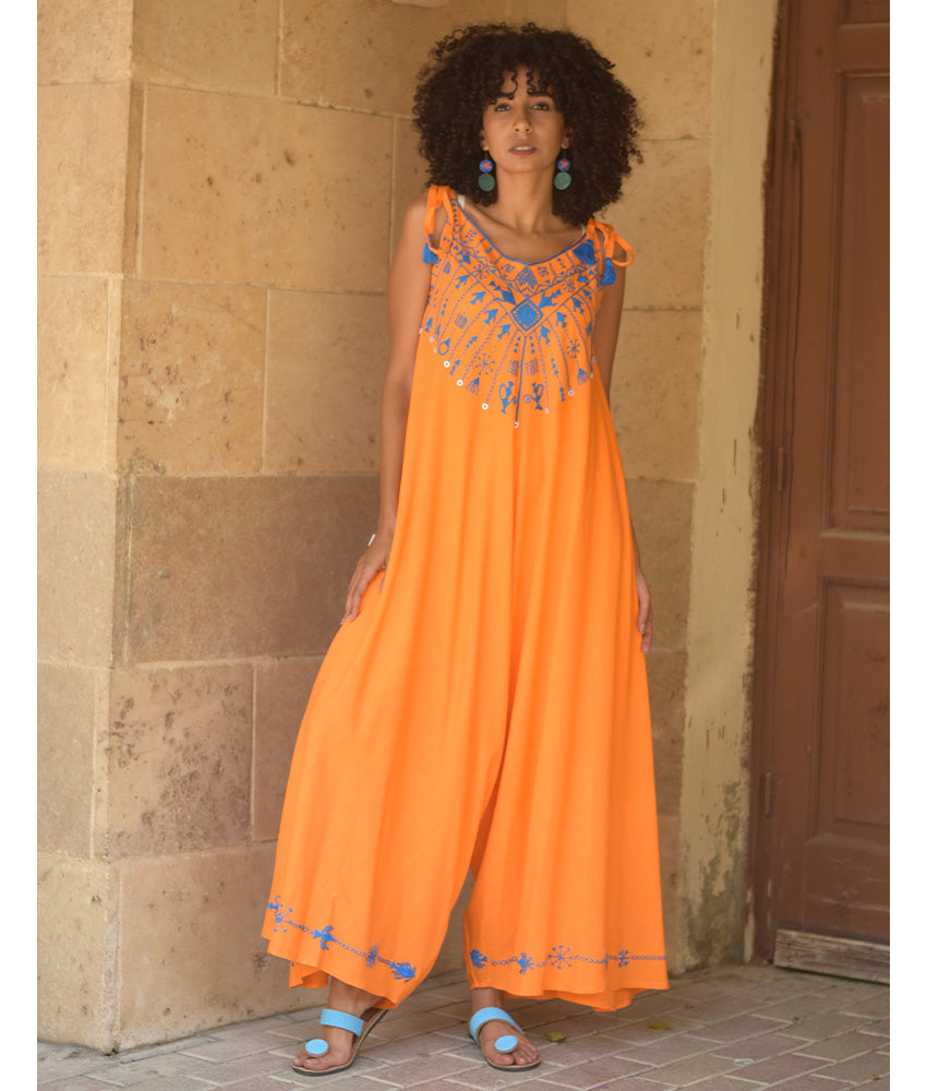 Orange Siwa Embroidered Linen Flowy Jumpsuit/Dress handmade in Egypt & available at Jozee Boutique.