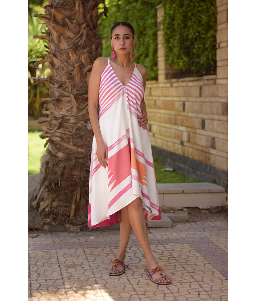 Fuchsia & white Backless Viscose Midi Dress made in Egypt & available in Jozee boutique