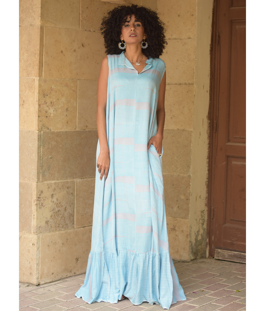 Baby Blue Handwoven Ruffle Dress handmade in Egypt & available at Jozee Boutique.