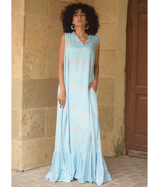 Baby Blue Handwoven Ruffle Dress handmade in Egypt & available at Jozee Boutique.
