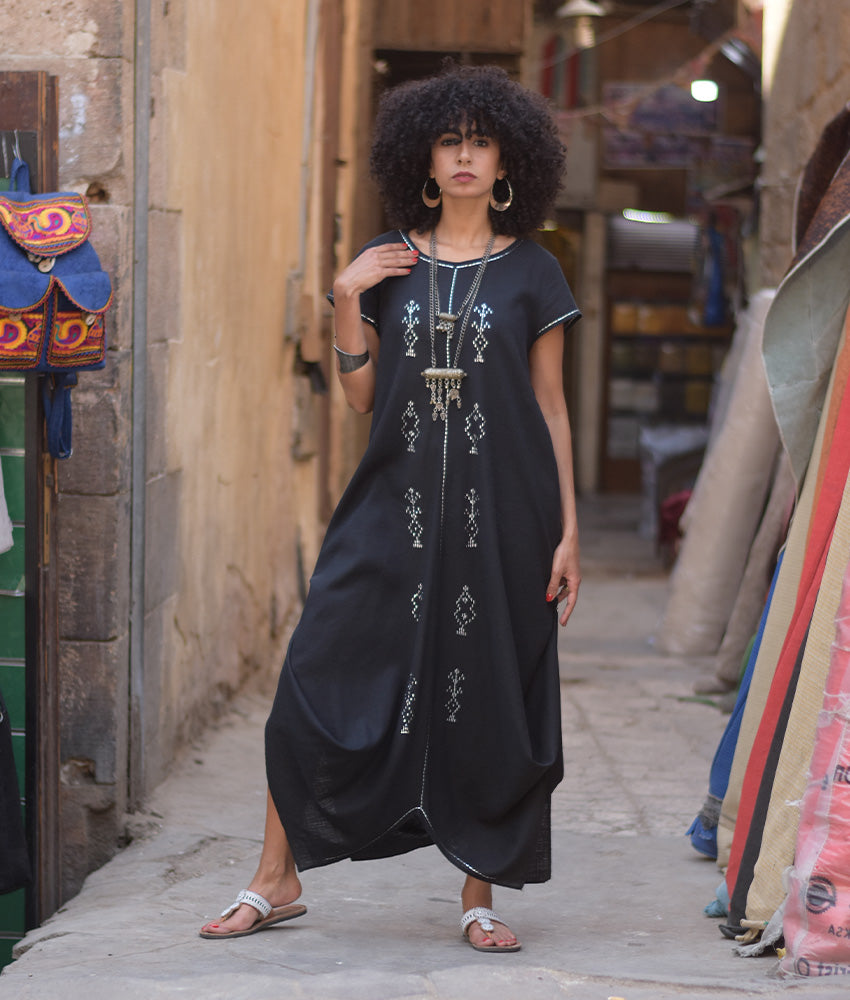 Black Linen Dress with silver Tally Embroideries handmade in Egypt & available at Jozee boutique