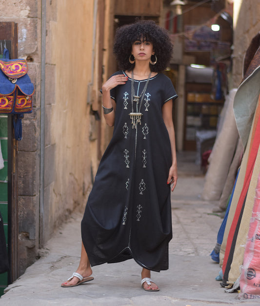 Black Linen Dress with silver Tally Embroideries handmade in Egypt & available at Jozee boutique