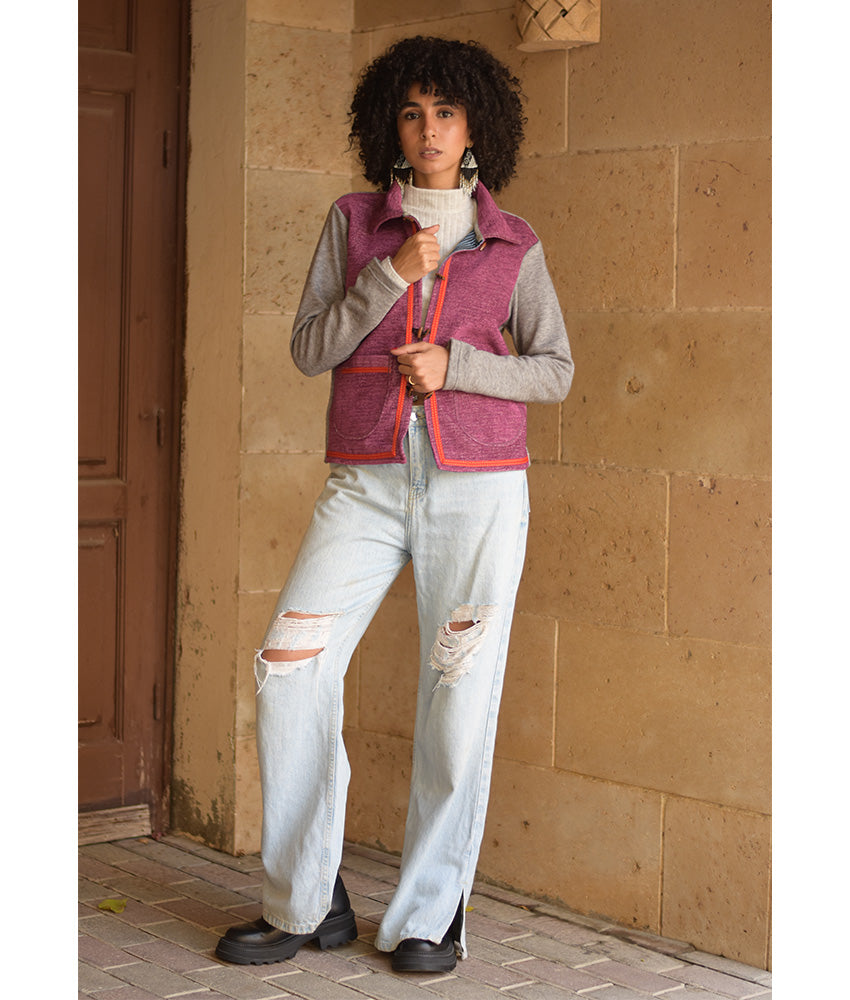 Grey & Fuchsia Cropped Akhmim Loomwoven Jacket handmade in Egypt & available at Jozee Boutique.handmade in Egypt & available at Jozee Boutique.