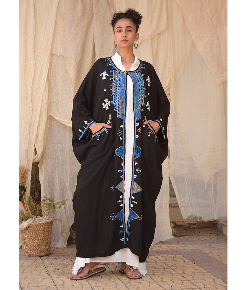 Black Siwa Embroidered Handwoven Linen Cardigan handmade in Egypt & available at Jozee Boutique.