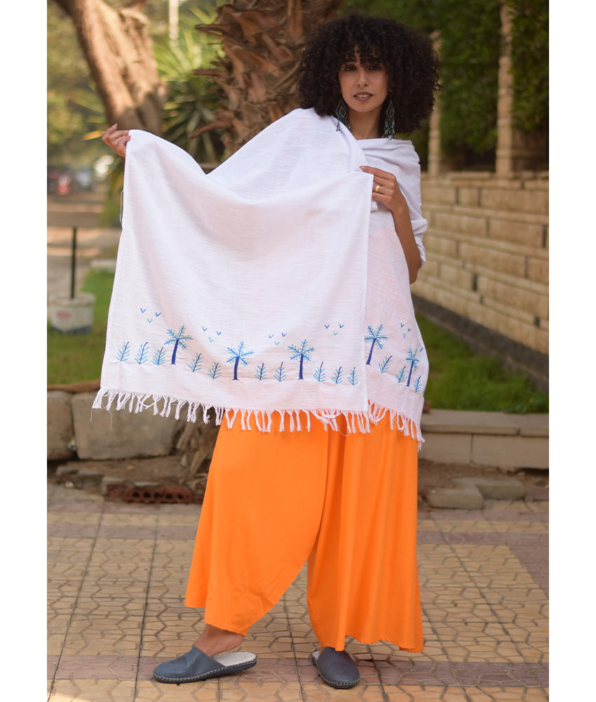 White Embroidered Linen Shawl handmade in Egypt & available at Jozee Boutique.handmade in Egypt & available at Jozee Boutique.