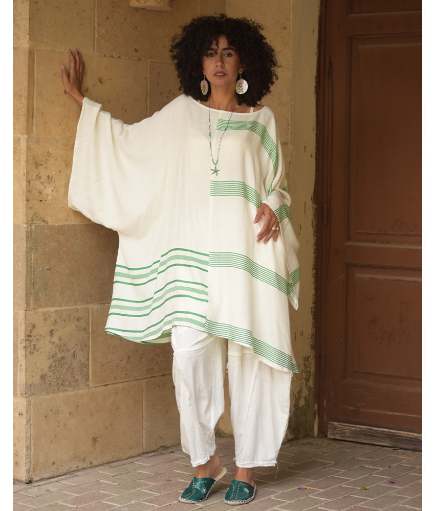 Off white & Green Viscose Midi Dress with Inspired Pattern handmade in Egypt & available at Jozee Boutique.