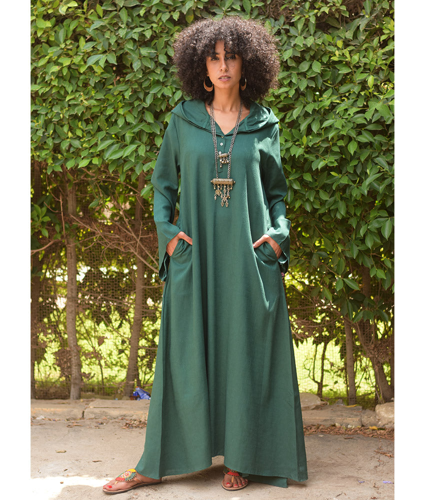 Emerald Green Linen Dress with Hoodie handmade in Egypt & available at Jozee Boutique.