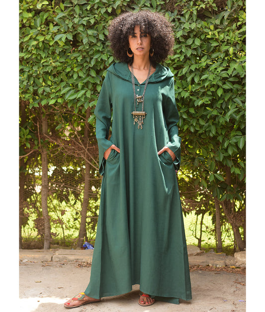 Emerald Green Linen Dress with Hoodie handmade in Egypt & available at Jozee Boutique.