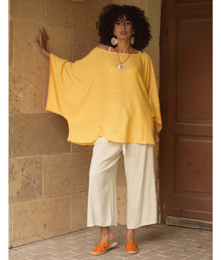 Yellow Viscose Oversized Top with Flowing Silhouette handmade in Egypt & available at Jozee Boutique.