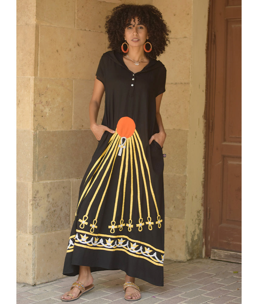 Black Linen Dress with Khyamia Ancient Egyptian Crafts Patchwork handmade in Egypt & available at Jozee Boutique.