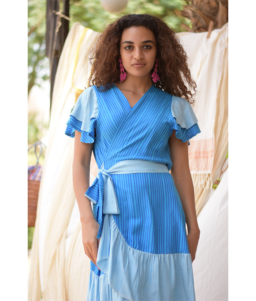 Shades of Blue Handwoven Short Spiral Dress handmade in Egypt & available at Jozee Boutique.