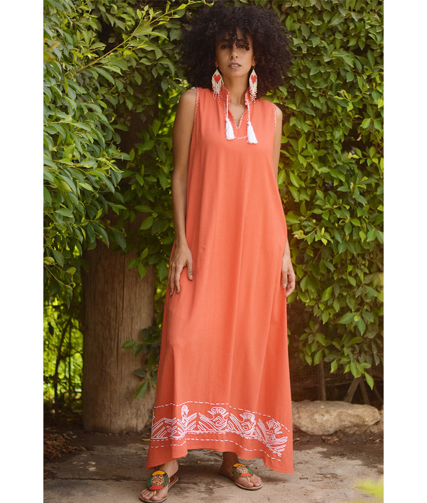 Orange Linen Dress with Ancient Egyptian Lotus Embroidery handmade in Egypt & available at Jozee Boutique.
