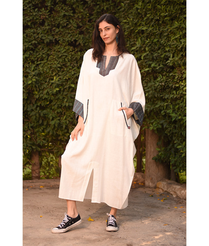 White Linen Kaftan with Silk & Cotton Loom Woven Patches handmade in Egypt & available at Jozee Boutique.