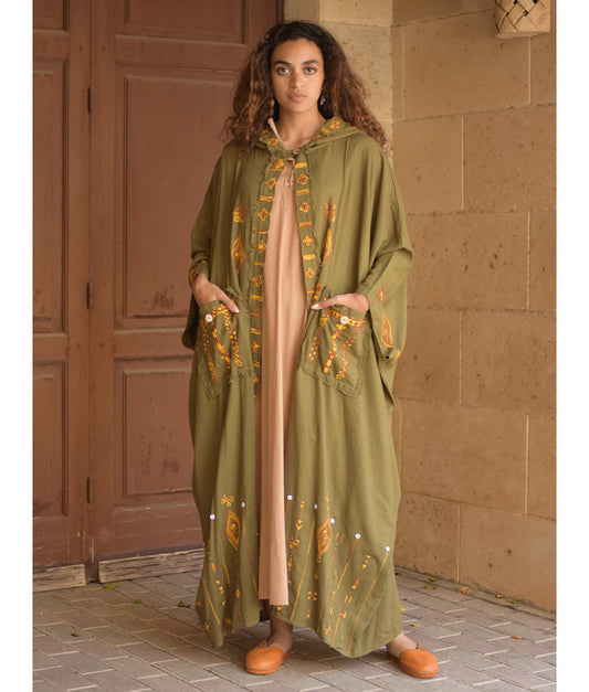 Army green Siwa Embroidered Linen Cardigan/Abaya with Hoodie handmade in Egypt & available at Jozee Boutique.