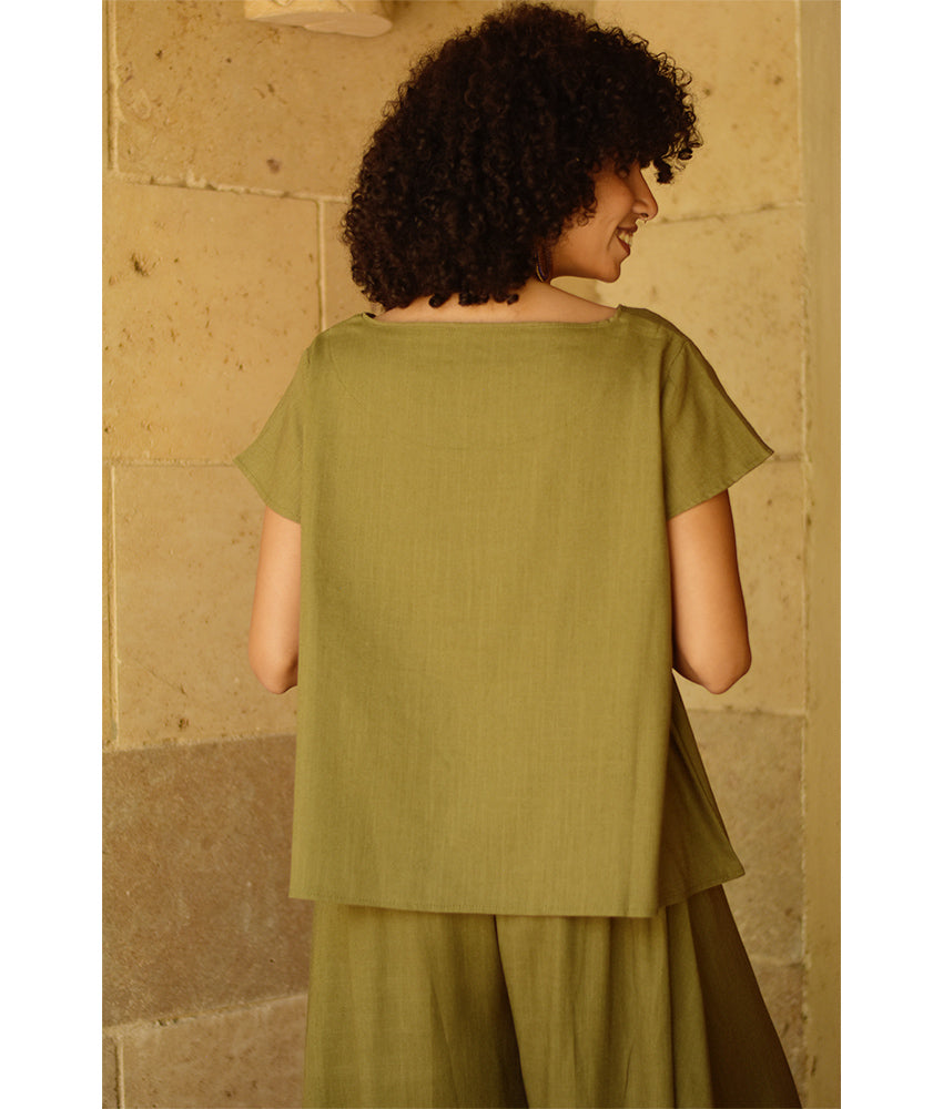 Olive green Linen Relaxed Top handmade in Egypt & available at Jozee boutique