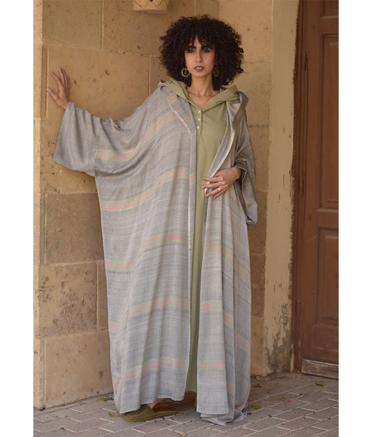Grey Viscose Cardigan with Hoodie handmade in Egypt & available at Jozee Boutique.