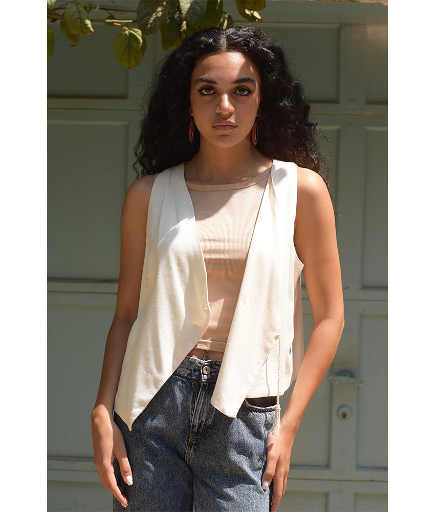 Off-White El Mahrousa Linen Wrap Vest handmade in Egypt & available at Jozee Boutique.