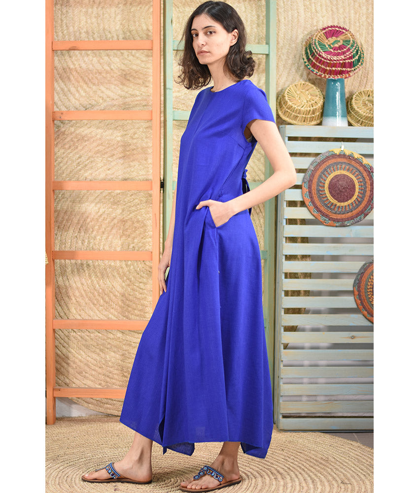 Electric blue Linen Tent Dress With Side Buttons handmade in Egypt & available at Jozee boutique
