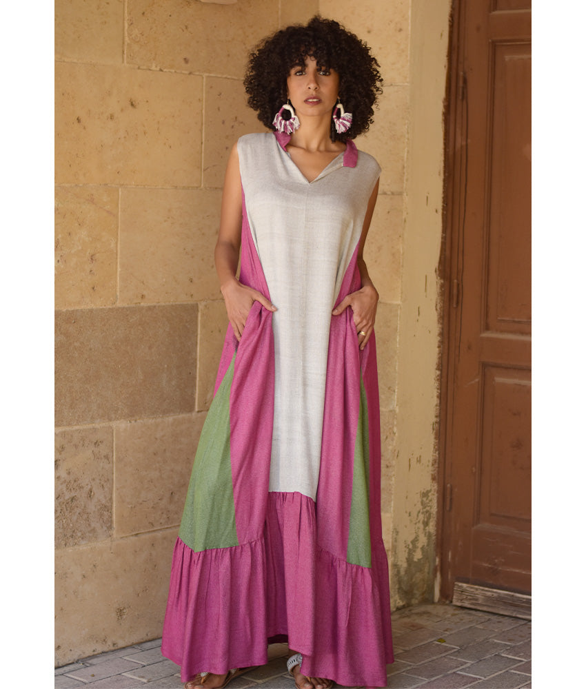 Fuchsia Pink & Grey Handwoven Ruffle Dress Handmade in Egypt & available at Jozee Boutique