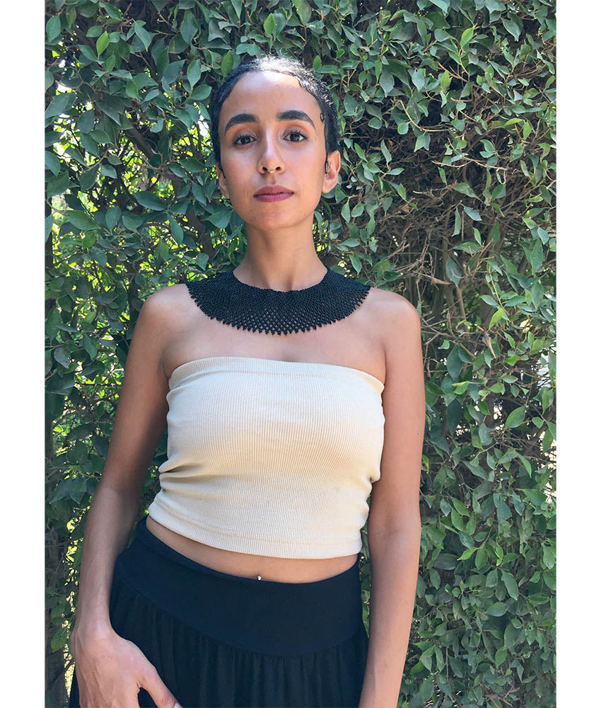 Black French Loom Beaded Necklace handmade in Egypt & available at Jozee Boutique.