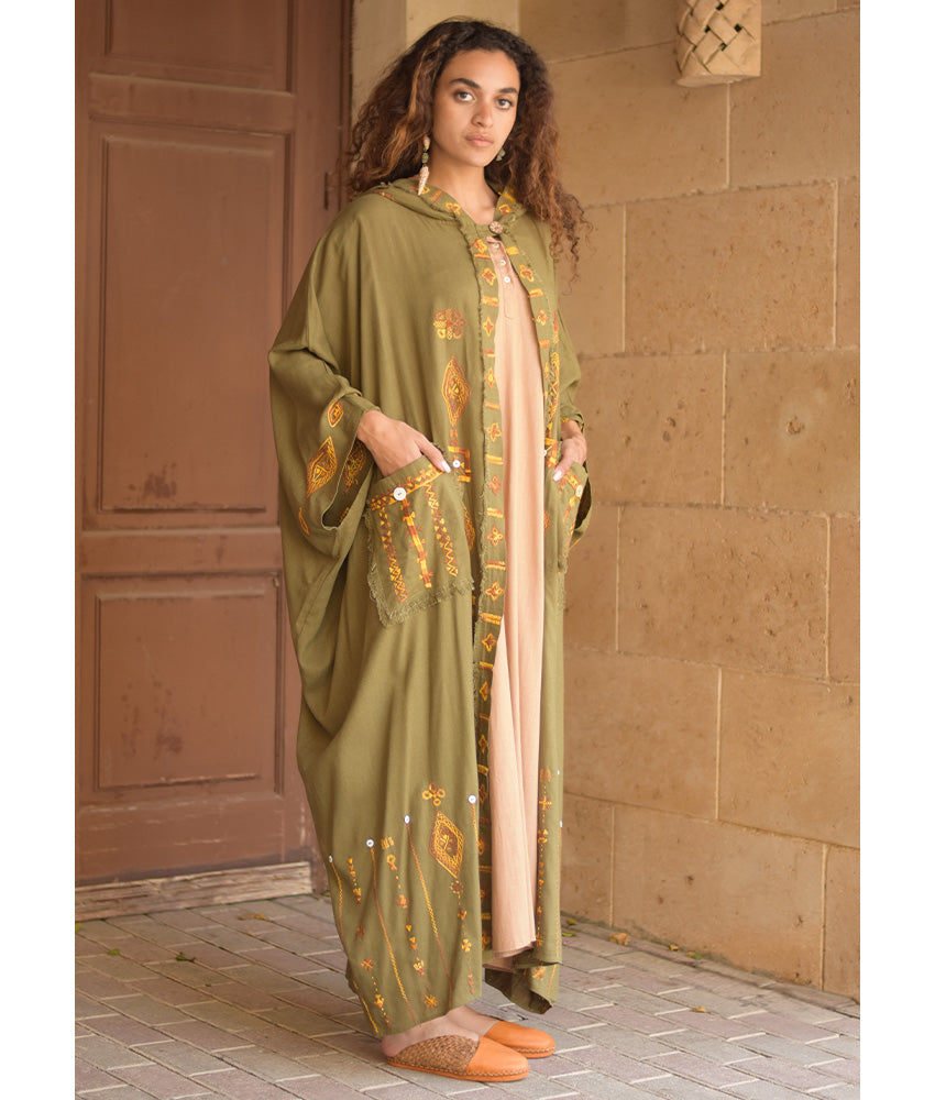Army green Siwa Embroidered Linen Cardigan/Abaya with Hoodie handmade in Egypt & available at Jozee Boutique.