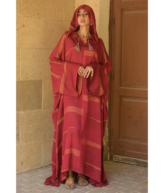Burgundy & Mustard Stripped Viscose Kaftan with Hoodie handmade in Egypt & available at Jozee Boutique.