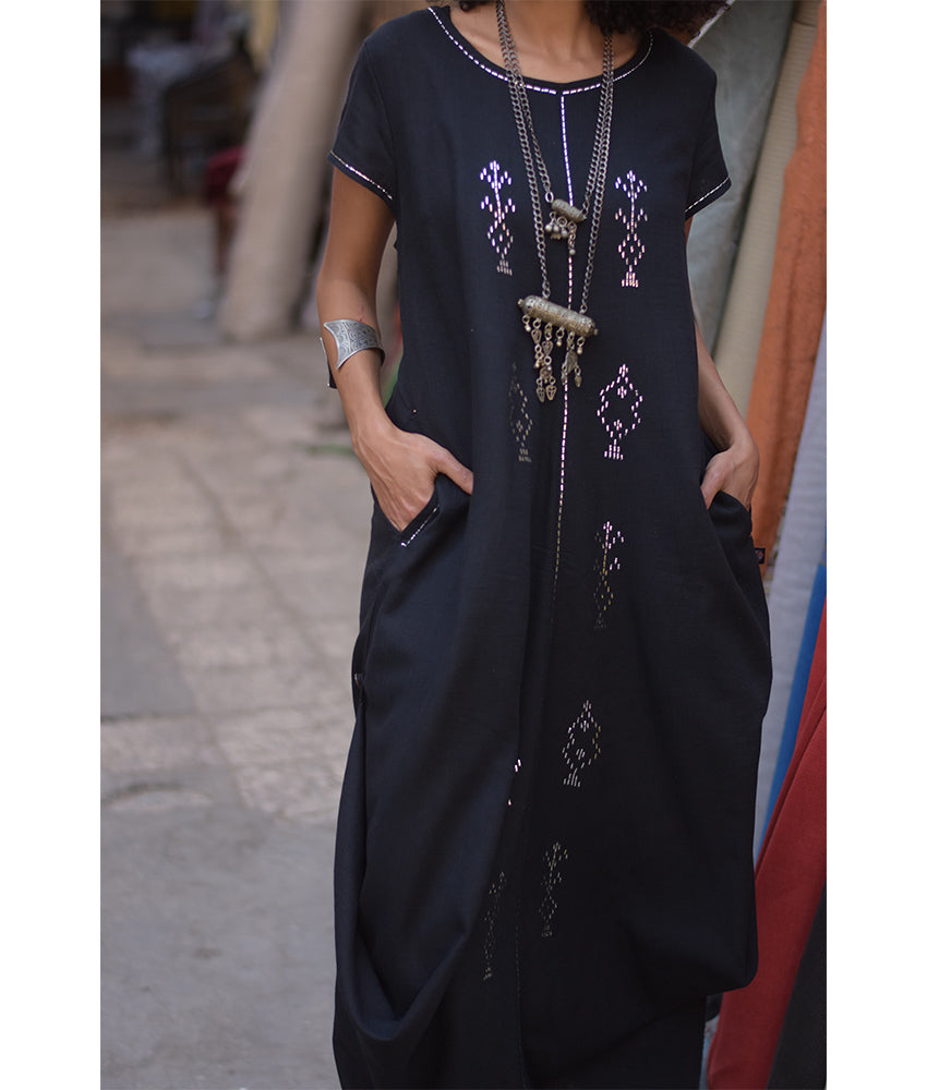 Black Linen Dress with silver Tally Embroideries handmade in Egypt & available at Jozee boutique