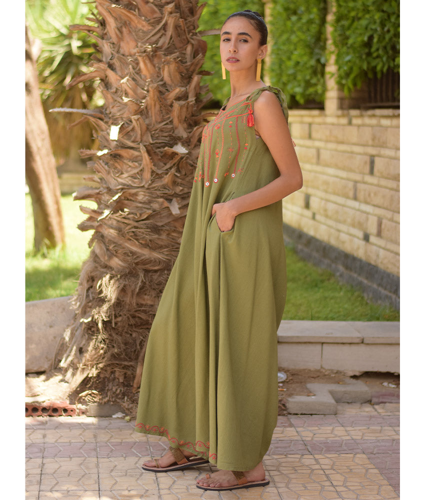 Army green Siwa Embroidered Linen Flowy Jumpsuit/Dress handmade in Egypt & available at Jozee Boutique.