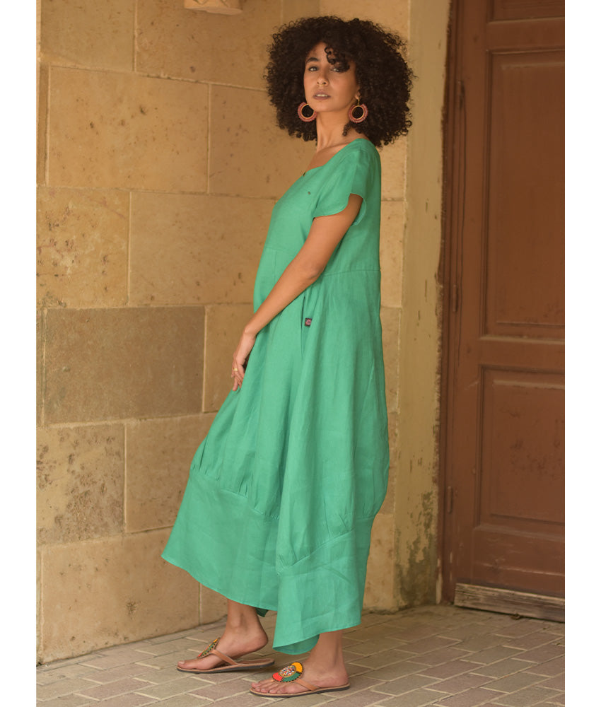 Turquoise Raw Linen Balloon Dress handmade in Egypt & available at Jozee boutique