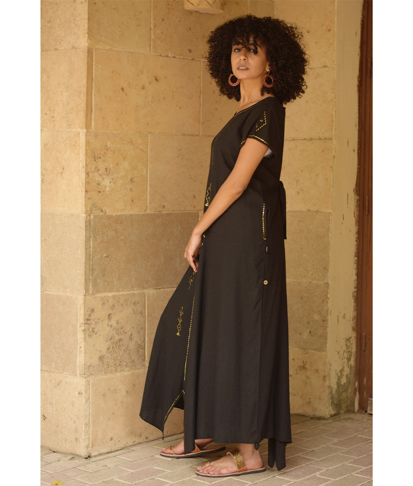 Black Linen Dress with Gold Tally Embroideries handmade in Egypt & available at Jozee boutique