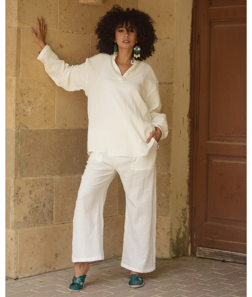 White Cotton Textured Oversized Top handmade in Egypt & available at Jozee boutique