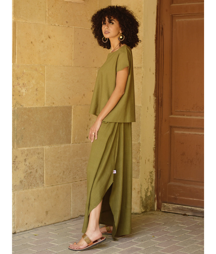 Olive green Linen Draped Wide-Leg Pants handmade in Egypt & available in Jozee boutique