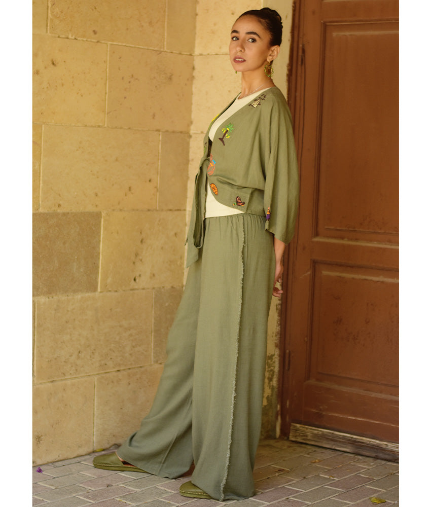Olive Embroidered Linen Cotton Mix Bolero/Top & Pants Set handmade in Egypt & available in Jozee boutique