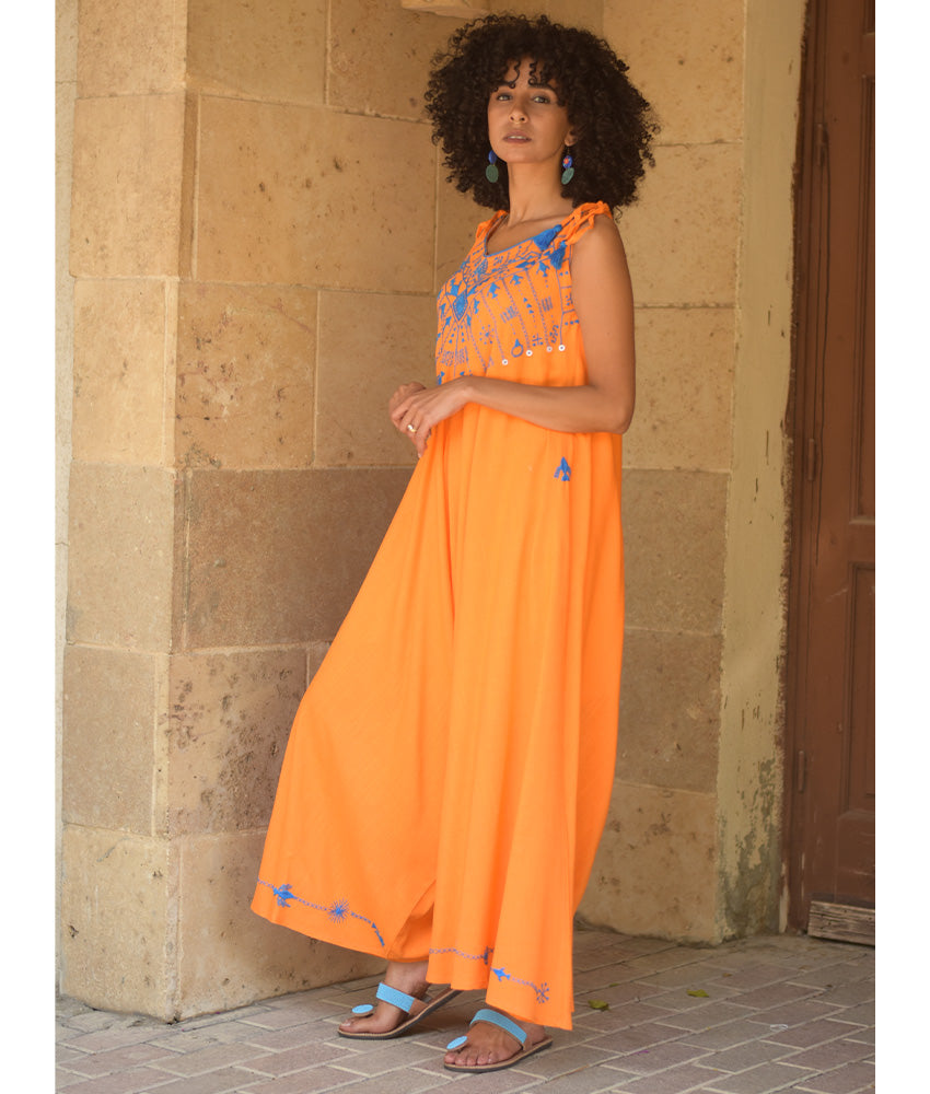 Orange Siwa Embroidered Linen Flowy Jumpsuit/Dress handmade in Egypt & available at Jozee Boutique.