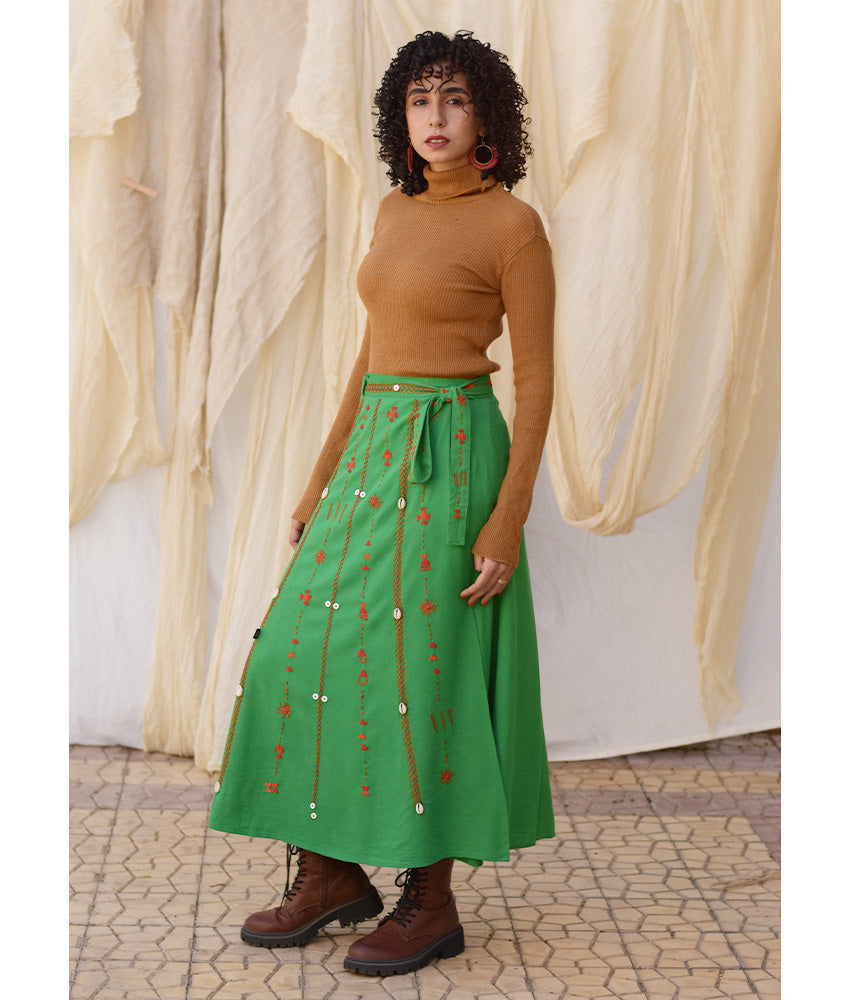 Green Siwa Embroidered Linen Wrap Skirt handmade in Egypt & available at Jozee Boutique.