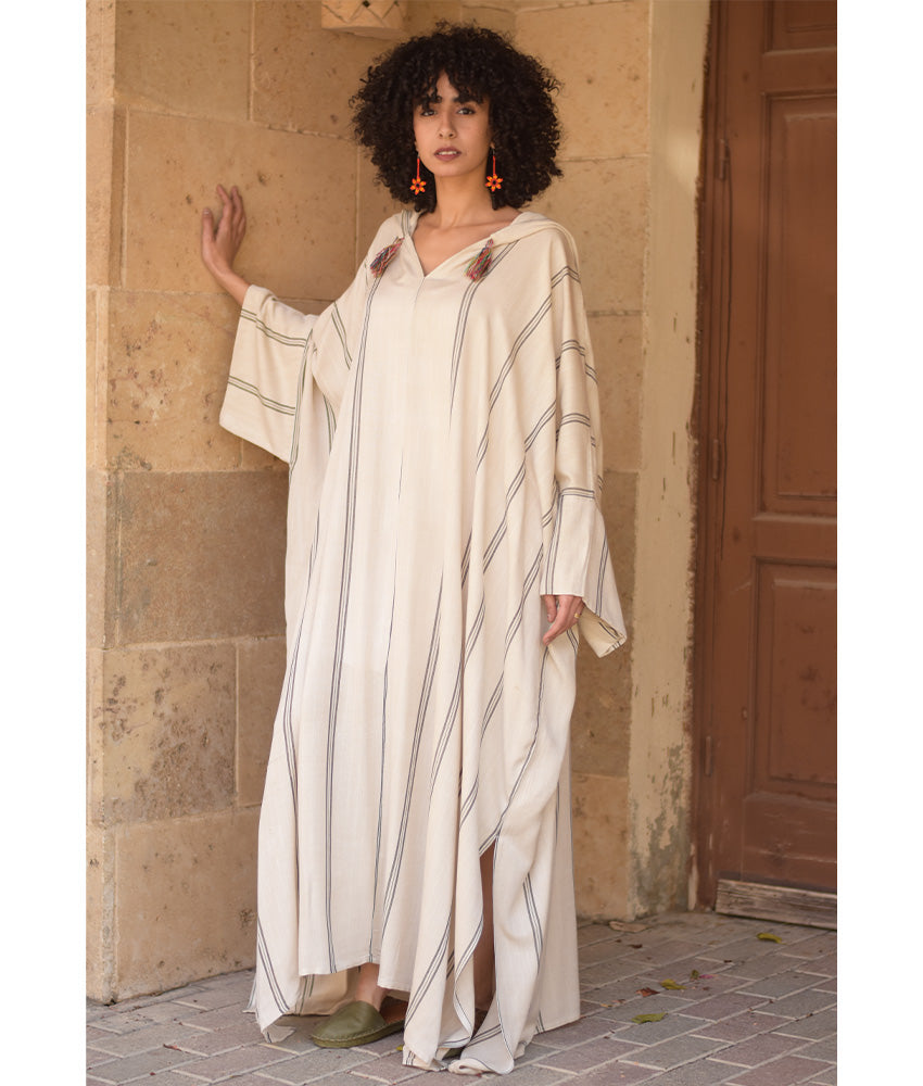 Beige Stripped Viscose Kaftan with Hoodie handmade in Egypt & available at Jozee Boutique.