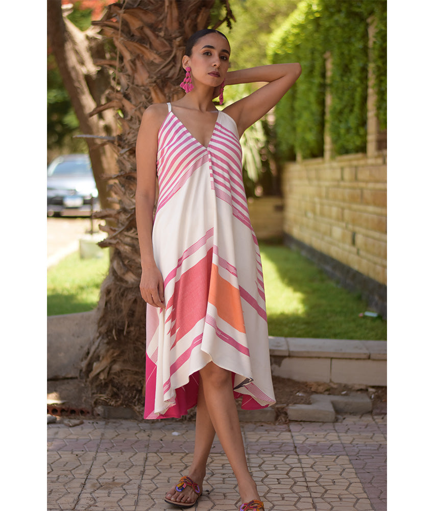 Fuchsia & white Backless Viscose Midi Dress made in Egypt & available in Jozee boutique