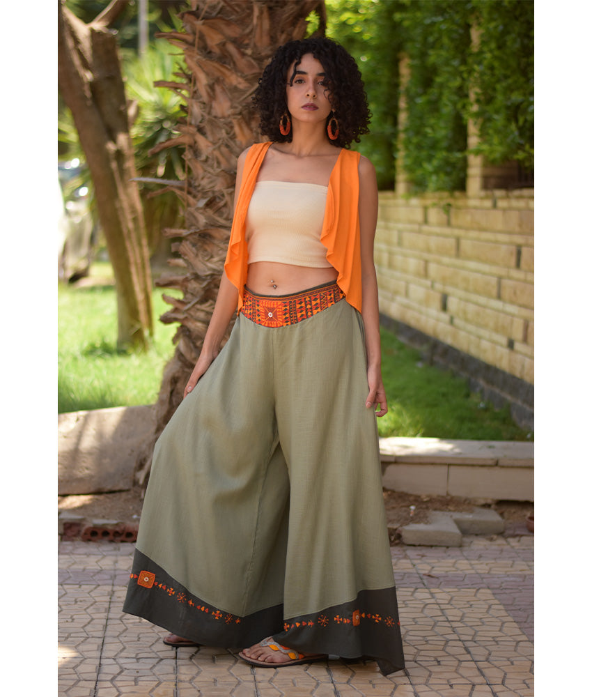 Light Olive Green Siwa Embroidered Flowy Pants handmade in Egypt & available at Jozee Boutique.
