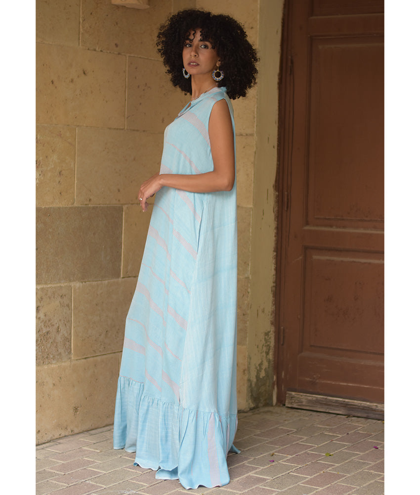 Baby Blue Handwoven Ruffle Dress handmade in Egypt & available at Jozee Boutique.