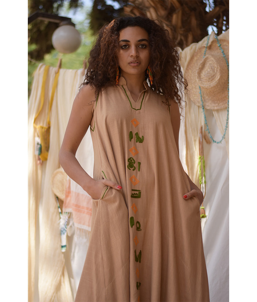 Dark Beige Linen Dress with Hand Embroideries handmade in Egypt & available at Jozee Boutique.