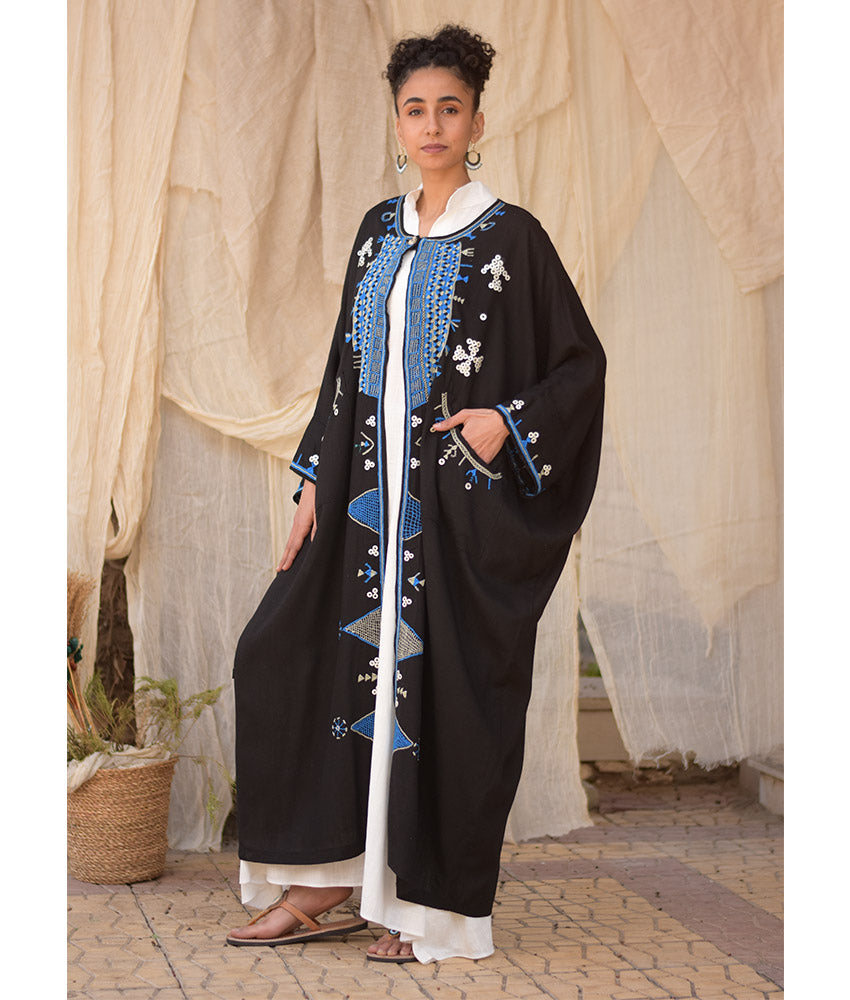 Black Siwa Embroidered Handwoven Linen Cardigan handmade in Egypt & available at Jozee Boutique.