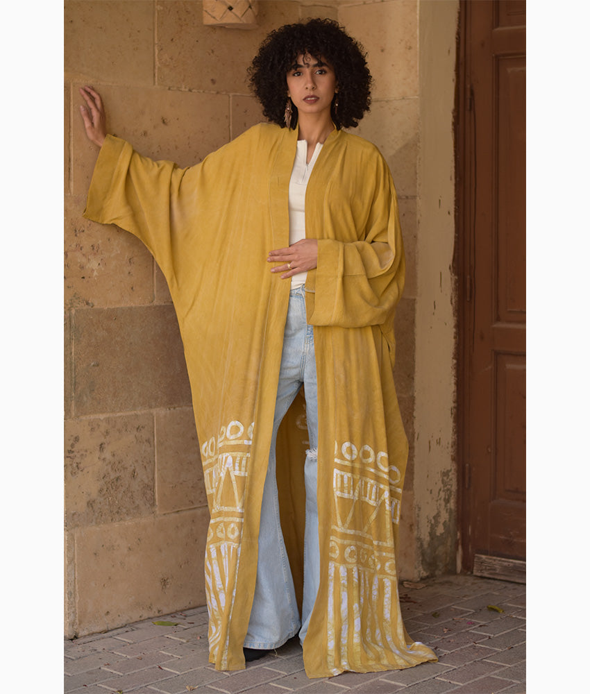 Mustard Batik Dyed Nubian Cardigan handmade in Egypt & available at Jozee Boutique.