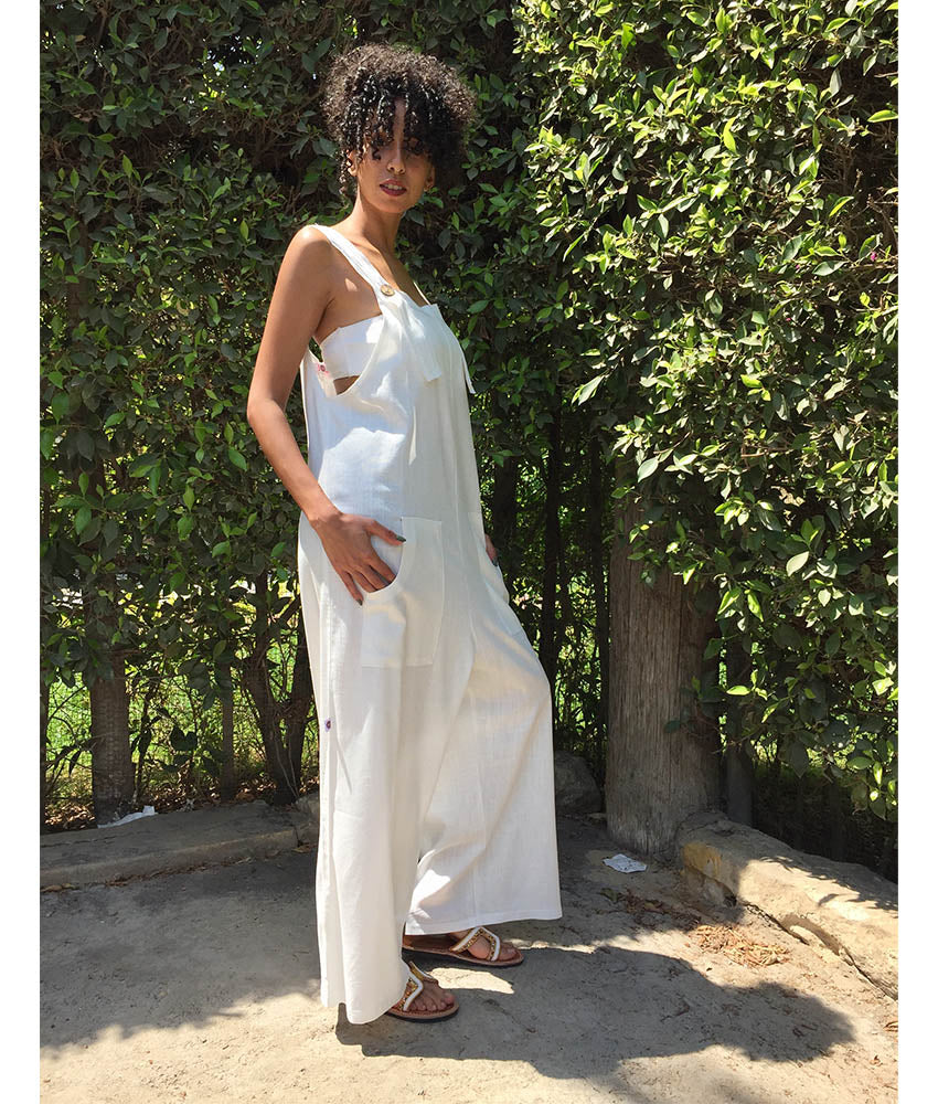 White Linen Jumpsuit handmade in Egypt & available at Jozee Boutique.