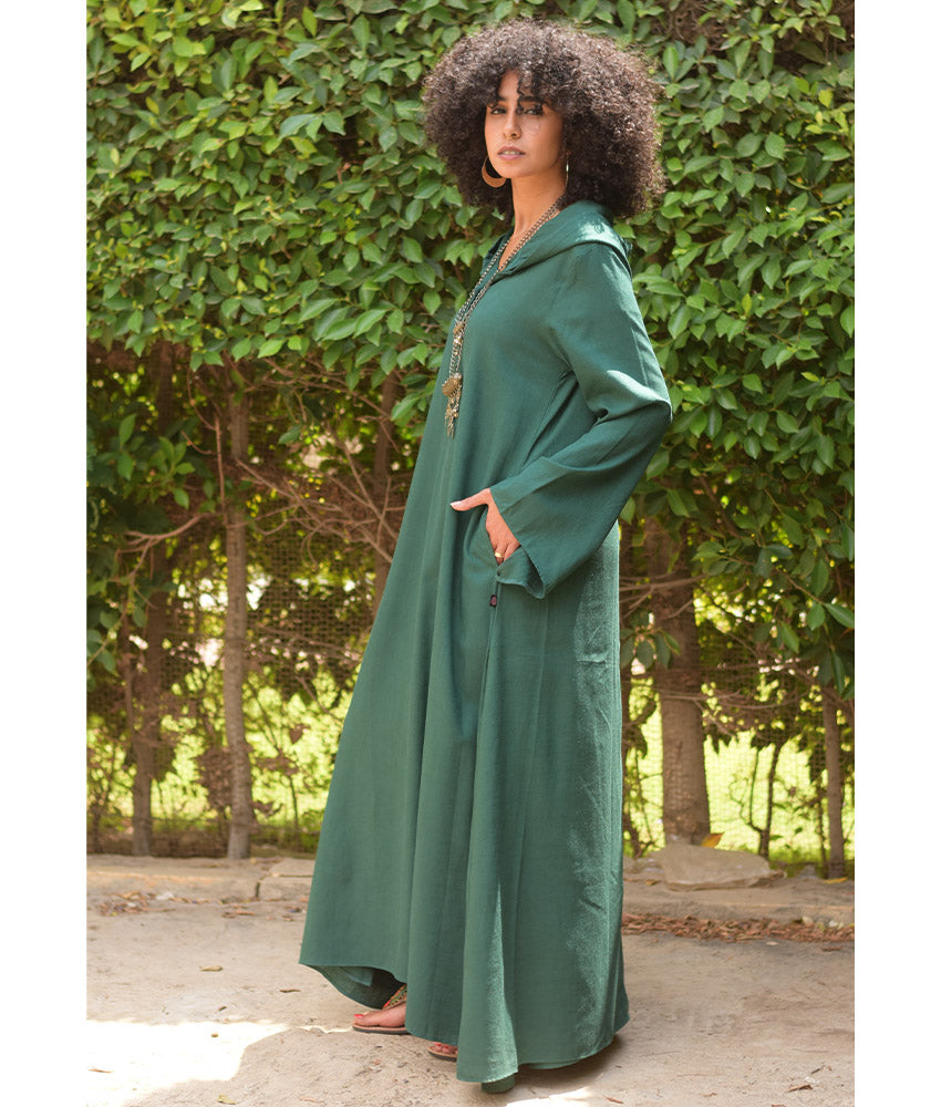 Emerald Green Linen Dress with Hoodie handmade in Egypt & available at Jozee Boutique.
