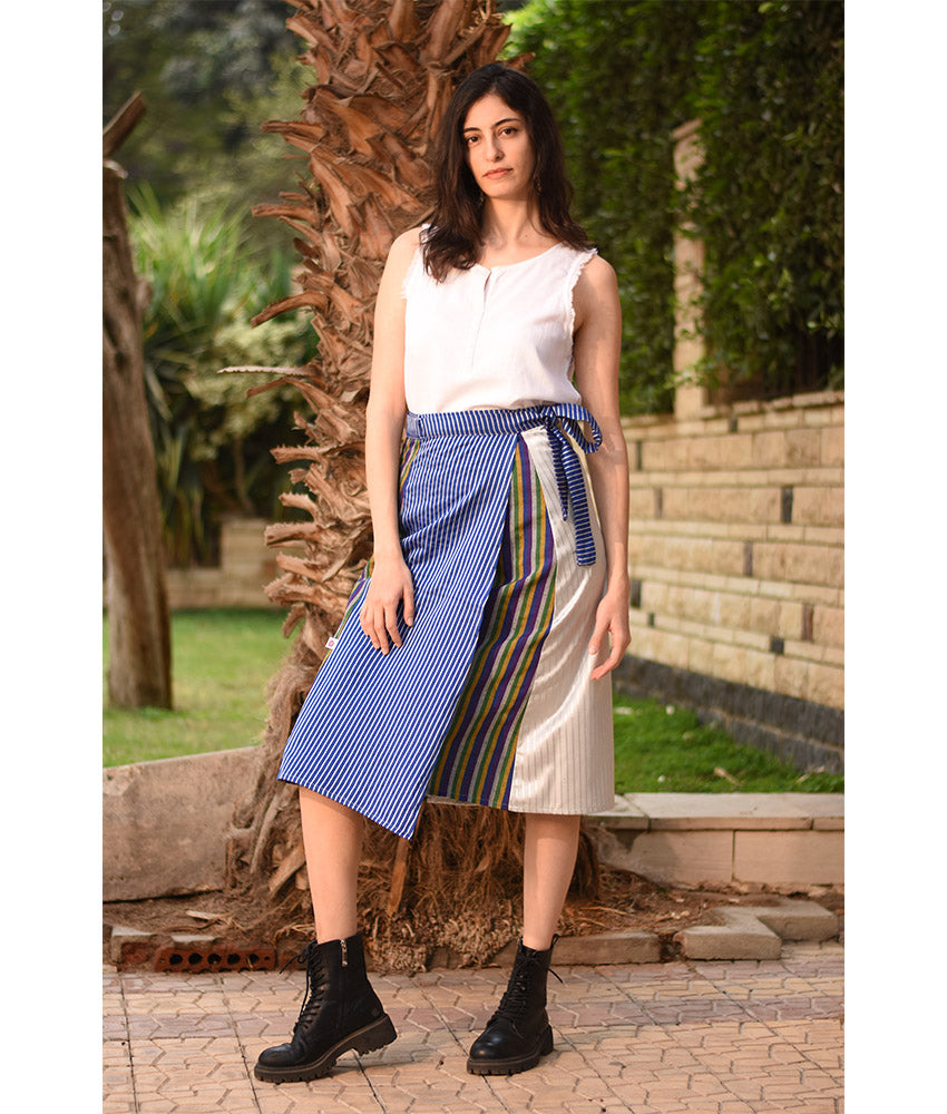 Silver & Blue Silk and Cotton Loom Woven Midi Wrap Skirt handmade in Egypt & available at Jozee Boutique.