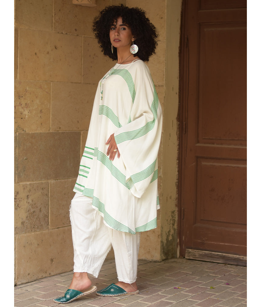 Off white & Green Viscose Midi Dress with Inspired Pattern handmade in Egypt & available at Jozee Boutique.